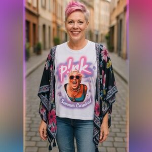 Custom Upcycled PINK Summer Carnival Concert Tee Floral Kimono Poncho OOAK OSFM